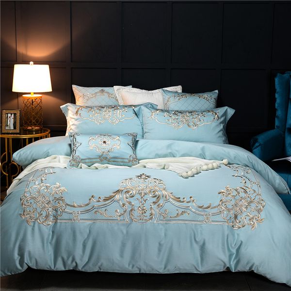 

blue luxury european style royal embroidery 60s egyptian cotton bedding set duvet cover bed sheet bed linen pillowcases 4/7pcs