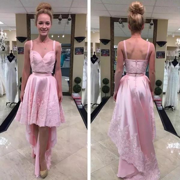 two pieces prom dresses pink spaghetti lace appliques high low evening gowns zipper back satin cocktail formal party dress cheap, Black
two pieces prom dresses pink spaghetti lace appliques high low evening gowns zipper back satin cocktail formal party dress cheap, Black
