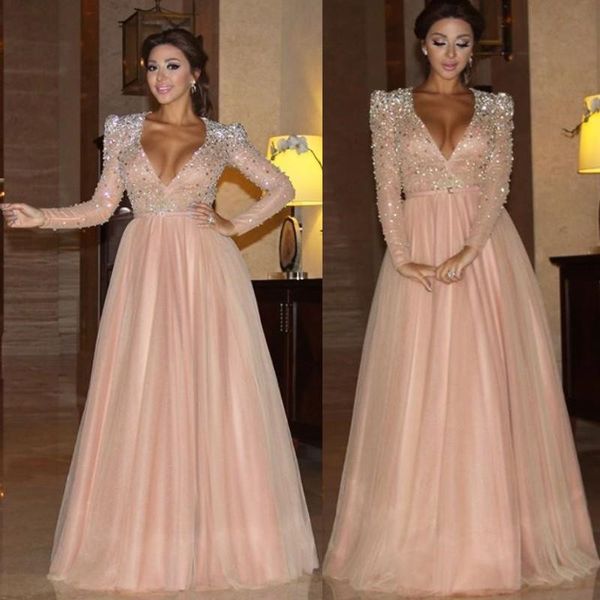 Custom Made Beaded Sequins Sexy Deep V Neck Evening Dresses Long Sleeves Tulle A Line Formal Prom Gowns
Custom Made Beaded Sequins Sexy Deep V Neck Evening Dresses Long Sleeves Tulle A Line Formal Prom Gowns