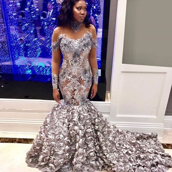 silver see through prom dresses high neck beads lace applique long sleeve celebrity party dress 3d rose long mermaid prom dresses, Black
silver see through prom dresses high neck beads lace applique long sleeve celebrity party dress 3d rose long mermaid prom dresses, Black