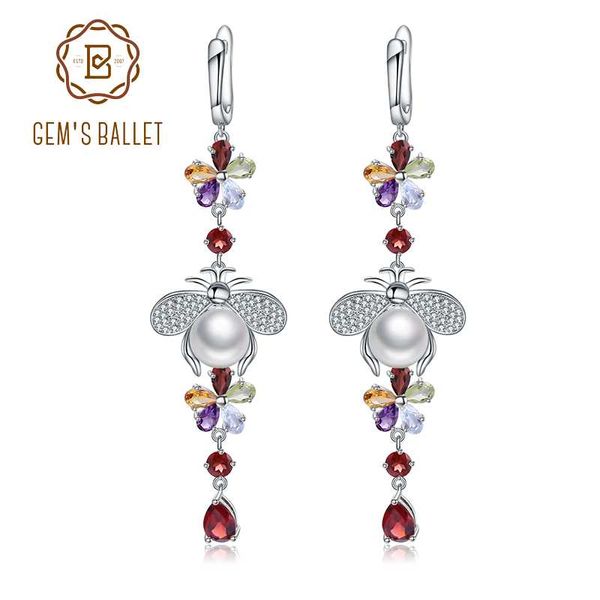 

gem's ballet natural flower multicolor gemstone earrings 925 sterling silver freshwater pearl vintage drop earrings for women, Golden;silver