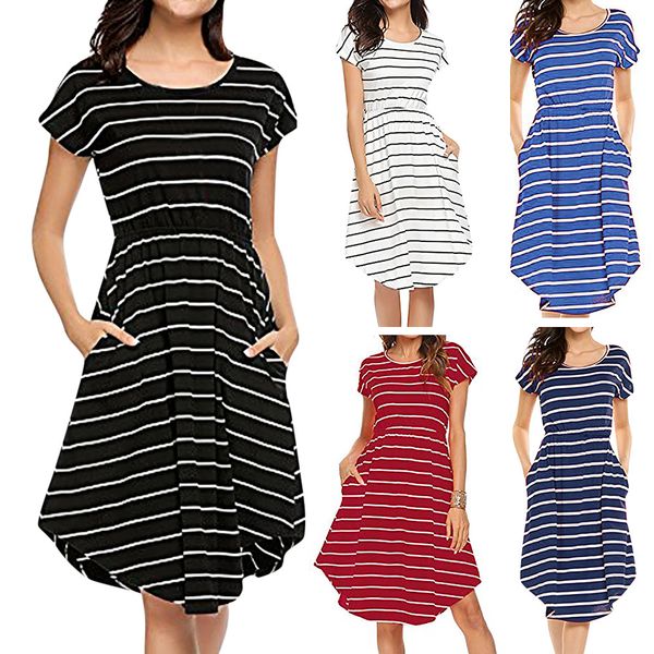 women dress summer mini dress womens casual short sleeve dresses elastic waist striped with pockets vestido 2018, Black;gray
women dress summer mini dress womens casual short sleeve dresses elastic waist striped with pockets vestido 2018, Black;gray