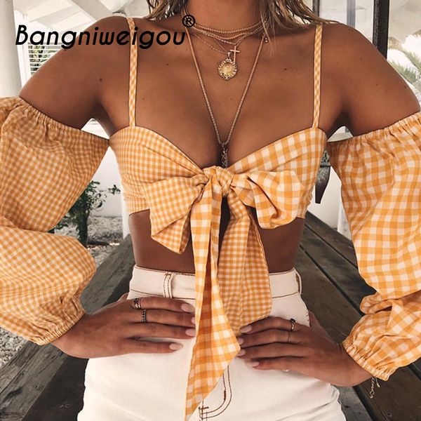 bangniweigou tie up shirt for girl women gingham knot front lantern sleeve plaid crop female camisole ropa mujer verano, White 
bangniweigou tie up shirt for girl women gingham knot front lantern sleeve plaid crop female camisole ropa mujer verano, White