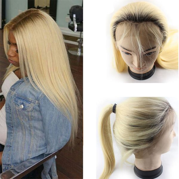 brazilian ombre full lace human hair wigs for black women 150 density straight 1b/613# honey blonde glueless lace front wigs, Black;brown