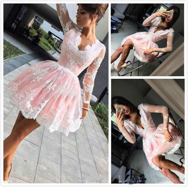 Deep V-Neck Pink Homecoming Dresses Lace Illusion Long Sleeves Short Prom Dresses Knee Length Cocktail Party Gowns
Deep V-Neck Pink Homecoming Dresses Lace Illusion Long Sleeves Short Prom Dresses Knee Length Cocktail Party Gowns