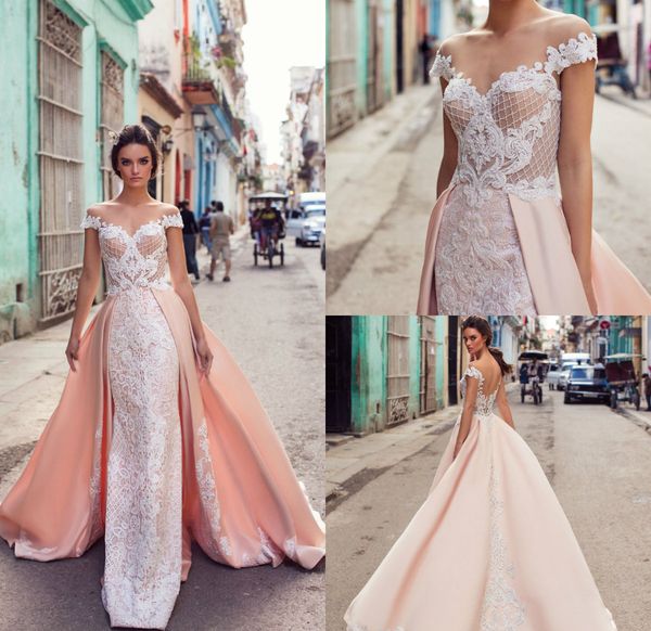 gorgeous mermaid wedding dresses with detachable train pink satin white lace appliques off the shoulder boho wedding dress bohemian gowns 
gorgeous mermaid wedding dresses with detachable train pink satin white lace appliques off the shoulder boho wedding dress bohemian gowns