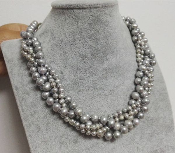 

handmade natual pearl jewellery 4 strings twisted 4-9mm gray real freshwater pearls necklace new ing, Golden;silver