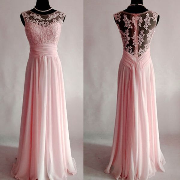 floor length pink prom dress sheer jewel neck illusion back beaded lace appliques chiffon evening dress guest party gowns zipper up, Black
floor length pink prom dress sheer jewel neck illusion back beaded lace appliques chiffon evening dress guest party gowns zipper up, Black