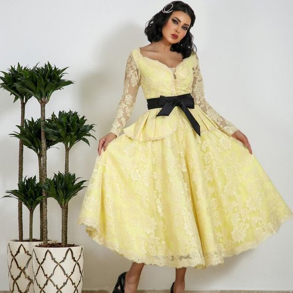yellow long sleeves prom dresses with black ribbon belt lace tea length evening gowns saudi arabia women formal wear custom made vestidos
yellow long sleeves prom dresses with black ribbon belt lace tea length evening gowns saudi arabia women formal wear custom made vestidos