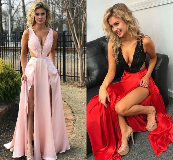 2018 split prom dresses deep v neck sleeveless lace satin floor length cutaway side over skirt black red pink homecoming dresses
2018 split prom dresses deep v neck sleeveless lace satin floor length cutaway side over skirt black red pink homecoming dresses