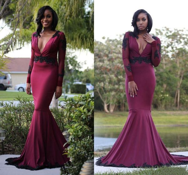 deep v neck 2019 burgundy lace mermaid evening dresses lace applique long sleeves elegant formal prom dress evening wear abendkleider, Black;red
deep v neck 2019 burgundy lace mermaid evening dresses lace applique long sleeves elegant formal prom dress evening wear abendkleider, Black;red