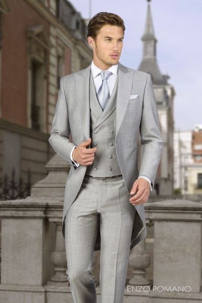 2018 latest coat pant designs italian light grey double breasted tailcoat slim fit 3 piece tuxedo custom groom men suit vestidos, White;black 
2018 latest coat pant designs italian light grey double breasted tailcoat slim fit 3 piece tuxedo custom groom men suit vestidos, White;black