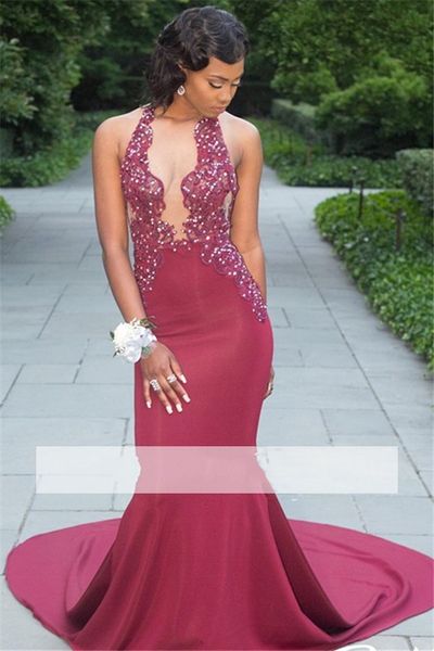 deep v neck mermaid prom dresses burgundy halter neck backless satin court train formal party wear evening gowns custom, Black
deep v neck mermaid prom dresses burgundy halter neck backless satin court train formal party wear evening gowns custom, Black