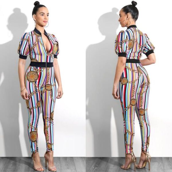 2018 горячая сексуальная золотая цепь печати цвет полосатый комбинезон женские брюки европейский и американский женская одежда, Black;white