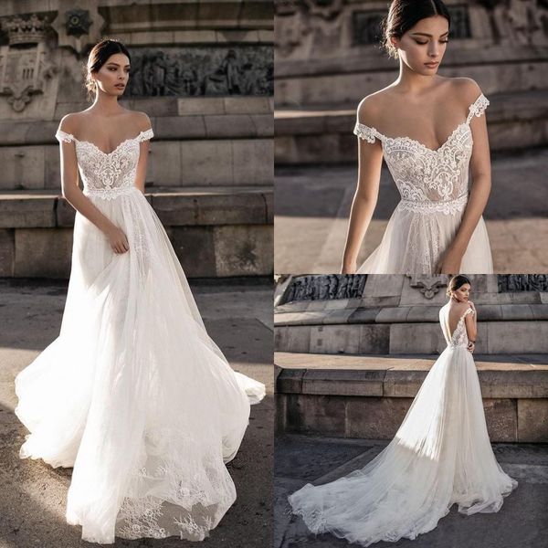 bohemian applique lace wedding dresses off the shoulder backless gowns long train soft tulle summer bridal dress, White
bohemian applique lace wedding dresses off the shoulder backless gowns long train soft tulle summer bridal dress, White