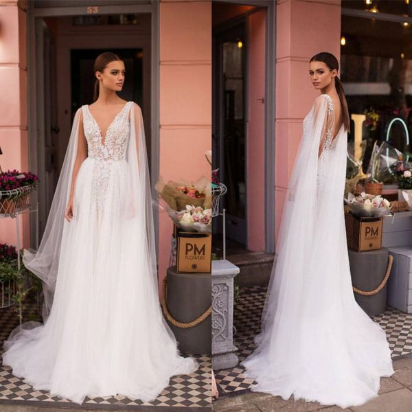Designed 2019 New A Line Wedding Dresses with Sheer Cape A Line Appliques Deep V Neck Low Back Long Summer Boho Bridal Gowns
Designed 2019 New A Line Wedding Dresses with Sheer Cape A Line Appliques Deep V Neck Low Back Long Summer Boho Bridal Gowns