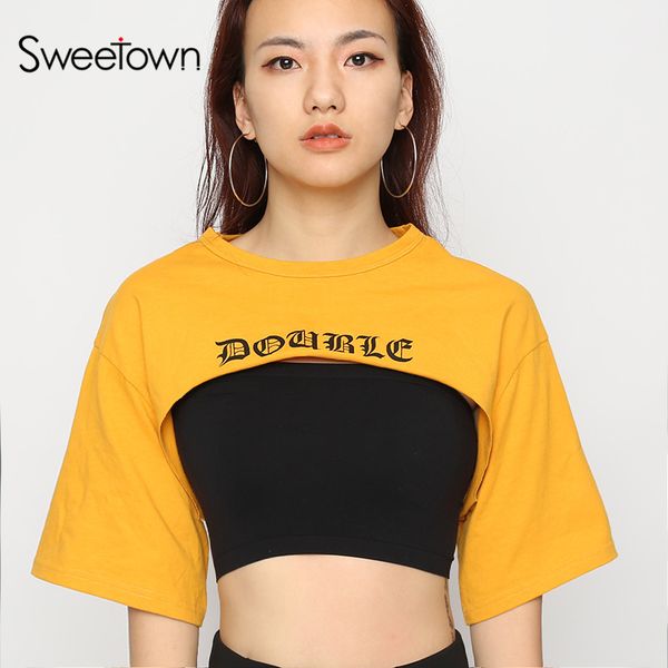 O-Neck Sweetown Cotton Fitness T-Shirt Loose Summer Crop Top Punk Short Sleeve Oversized T Shirt Women Cropped Tees Camiseta Femme
