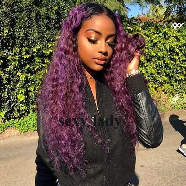 

30inches длинные свободные вьющиеся кружева фронт Ombre парик натуральный фиолетовый с