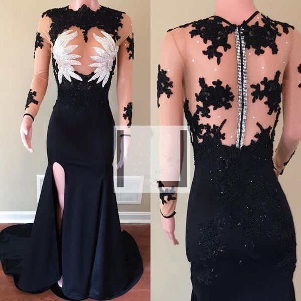 see through evening dresses black satin lace appliques sequins illusion long sleeves prom dress side split back zipper party gowns, Black;red
see through evening dresses black satin lace appliques sequins illusion long sleeves prom dress side split back zipper party gowns, Black;red