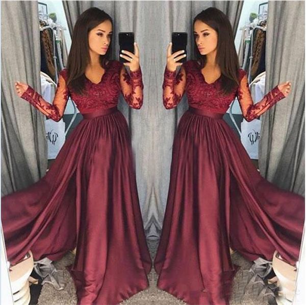 african prom dresses a line v neck lace appliques sheer long sleeves burgundy evening party gowns prom dress 2018, Black
african prom dresses a line v neck lace appliques sheer long sleeves burgundy evening party gowns prom dress 2018, Black
