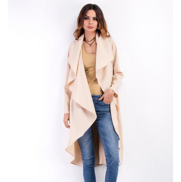 

2018 fashion womens casual turn-down collar windbreaker overcoat duster ladies long sleeve asymmetric length coat trench top, Tan;black