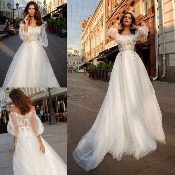 designer beach long sleeves wedding dresses a line off the shoulder bohemian beaded bridal gowns tulle sweep train boho vestido de novia, White
designer beach long sleeves wedding dresses a line off the shoulder bohemian beaded bridal gowns tulle sweep train boho vestido de novia, White