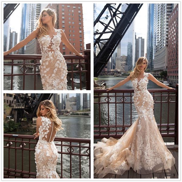 2018 champagne lace mermaid wedding dresses sheer crew neck tulle applique 3d floral sweep train bridal wedding gowns with buttons, White
2018 champagne lace mermaid wedding dresses sheer crew neck tulle applique 3d floral sweep train bridal wedding gowns with buttons, White