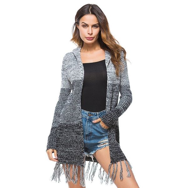 2018 autumn and winter new style long knit cardigan hooded fringe sweater, White;black
2018 autumn and winter new style long knit cardigan hooded fringe sweater, White;black