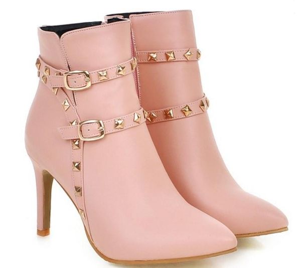 send 2017 winter fashion rivet high heel pointed end fine heel women's short boots, Black
send 2017 winter fashion rivet high heel pointed end fine heel women's short boots, Black