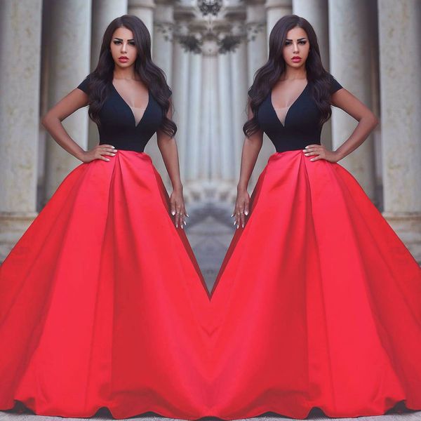 fashion red and black evening dresses short sleeves deep v neck satin sweep train prom dress a line party gowns, Black;red
fashion red and black evening dresses short sleeves deep v neck satin sweep train prom dress a line party gowns, Black;red