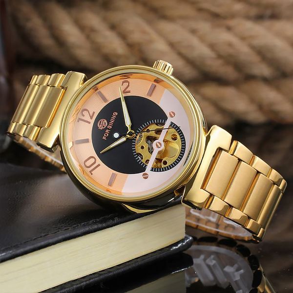

forsining mens auto watches skeleton male golden full stainless steel mechanical wristwatch relogio masculino, Slivery;brown