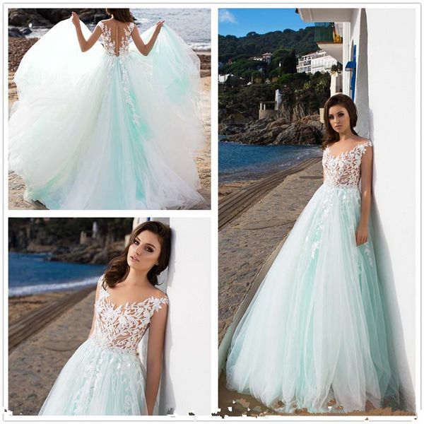 2018 summer mint green tulle lace applique a line wedding dresses sheer cap sleeves floor length beach wedding bridal gowns with buttons, White
2018 summer mint green tulle lace applique a line wedding dresses sheer cap sleeves floor length beach wedding bridal gowns with buttons, White