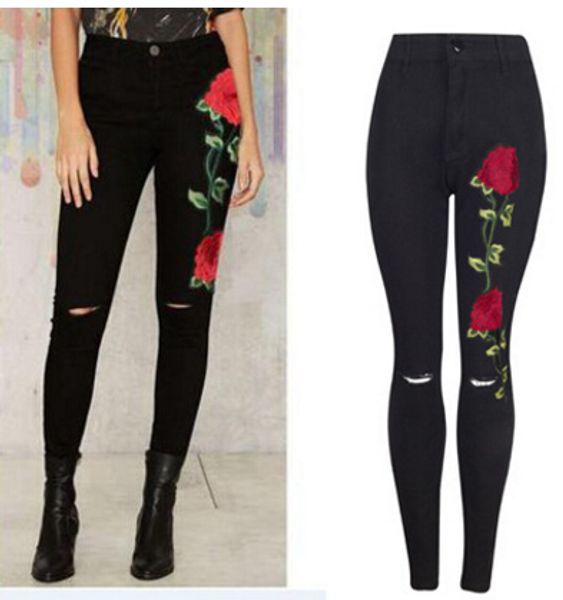black floral jeans women fashion rose embroidery design high waist slim skinny jean knee holes design trousers, Blue
black floral jeans women fashion rose embroidery design high waist slim skinny jean knee holes design trousers, Blue