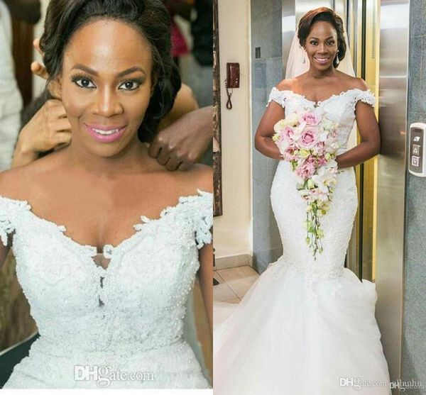 african nigerian plus size mermaid wedding dresses off shoulder ruffles beaded pearls applique backless court train wedding bridal gowns, White
african nigerian plus size mermaid wedding dresses off shoulder ruffles beaded pearls applique backless court train wedding bridal gowns, White