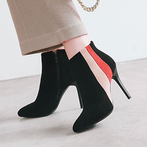 women ankle boots woman shoes soft flock mixed colors upper supper high thin heels pointed toe zipper 2018 new design sb132, Black
women ankle boots woman shoes soft flock mixed colors upper supper high thin heels pointed toe zipper 2018 new design sb132, Black
