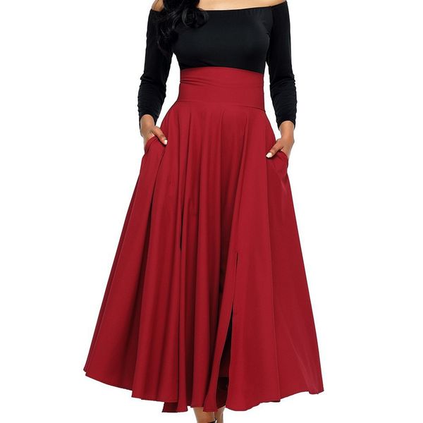 2018 new women plus size skirts vintage lace up bow side slit skirts solid ladies pleated flared pockets maxi skirt, Black
2018 new women plus size skirts vintage lace up bow side slit skirts solid ladies pleated flared pockets maxi skirt, Black