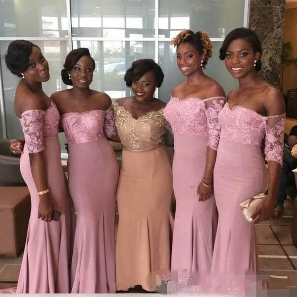 african pink mermaid bridesmaids dresses 2018 country off shoulder half sleeves lace appliques sweep train black girls wedding guest gowns, White;pink
african pink mermaid bridesmaids dresses 2018 country off shoulder half sleeves lace appliques sweep train black girls wedding guest gowns, White;pink