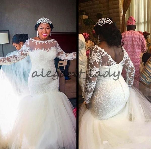 2018 mermaid wedding dresses african jewel neck lace appliques beads sheer long sleeves zipper back chapel train plus size bridal gowns, White
2018 mermaid wedding dresses african jewel neck lace appliques beads sheer long sleeves zipper back chapel train plus size bridal gowns, White