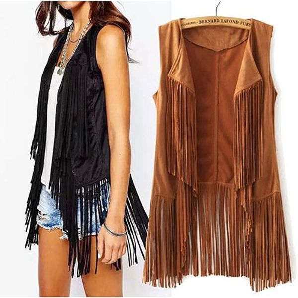 women autumn fashion suedette sleeveless tassel fringed jacket vest waistcoat, Black;white
women autumn fashion suedette sleeveless tassel fringed jacket vest waistcoat, Black;white