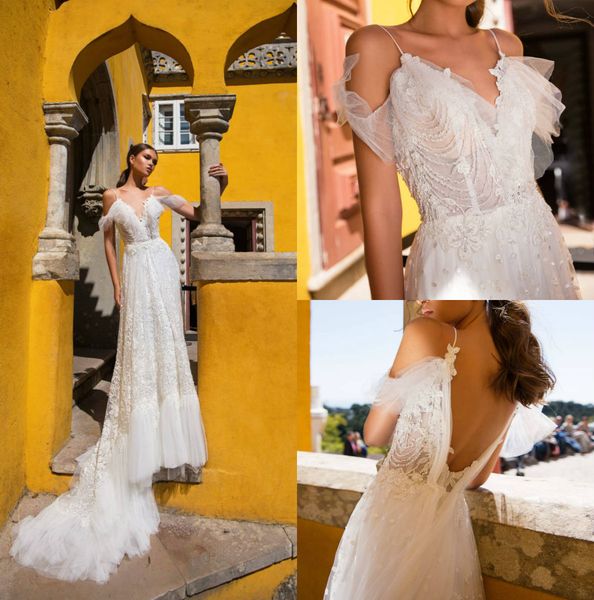 milla nova lace a line wedding dresses spaghetti appliqued backless wedding dress with crystal sweep train bridal gowns custom made, White 
milla nova lace a line wedding dresses spaghetti appliqued backless wedding dress with crystal sweep train bridal gowns custom made, White