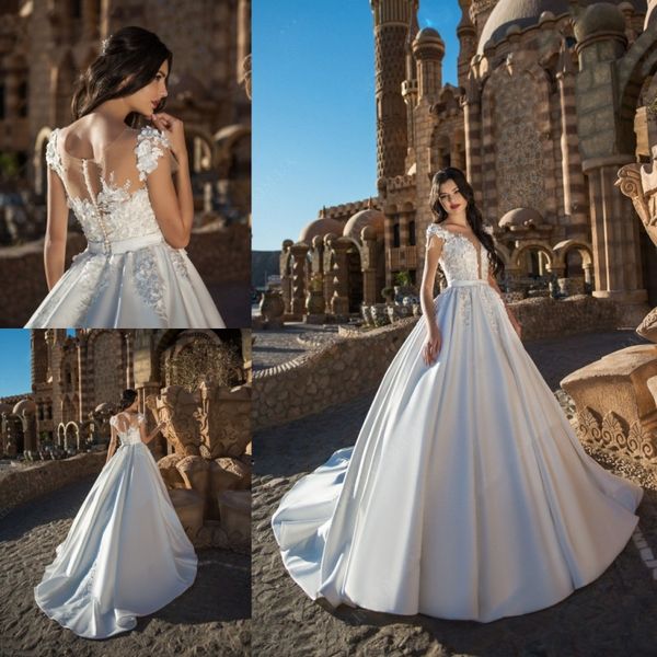 brand 2019 satin wedding dresses v neck appliqued lace bridal gowns sweep train covered button back beach wedding dress custom, White
brand 2019 satin wedding dresses v neck appliqued lace bridal gowns sweep train covered button back beach wedding dress custom, White