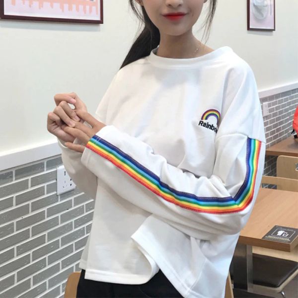 Polyester Letters Rainbow Embroidery T Shirts Striped Long Sleeve T-Shirt O-Neck Women 'S Bottoming Tee Shirts Loose Female Tops
Polyester Letters Rainbow Embroidery T Shirts Striped Long Sleeve T-Shirt O-Neck Women 'S Bottoming Tee Shirts Loose Female Tops