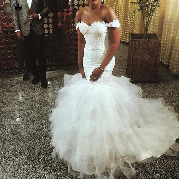 fashion african mermaid wedding gowns off shoulder beads lace applique tiered train bridal dress glamorous bodice lace-up beach wedding dres, White
fashion african mermaid wedding gowns off shoulder beads lace applique tiered train bridal dress glamorous bodice lace-up beach wedding dres, White