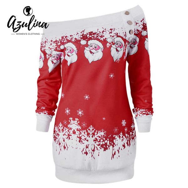 

azulina christmas sweatshirt women 2017 new fashions santa claus snowflake skew neck autumn causal long pullover sweatshirts top, Black