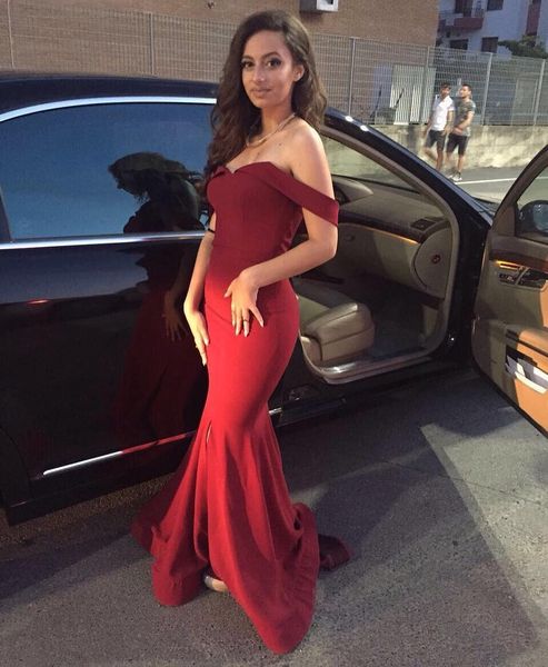 new off the shoulder mermaid satin evening dress long formal gowns front slit vestidos de fiesta, Black;red
new off the shoulder mermaid satin evening dress long formal gowns front slit vestidos de fiesta, Black;red