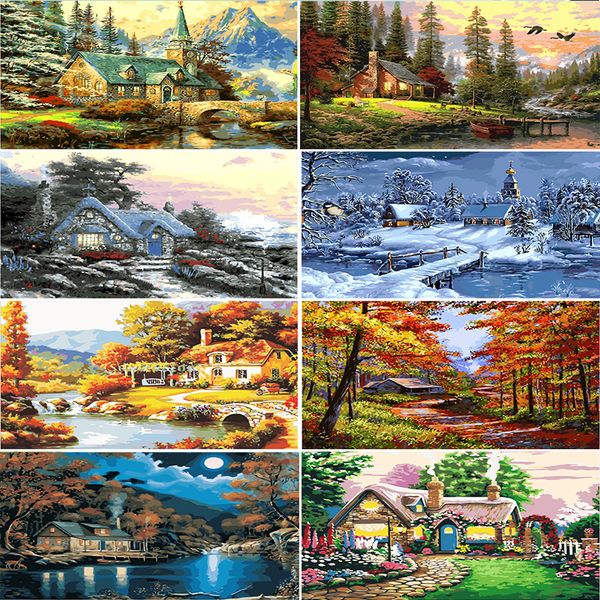 

digital diy painting by numbers hand painted forest cabin scenery canvas oil paintings living room wall pictures art decoration