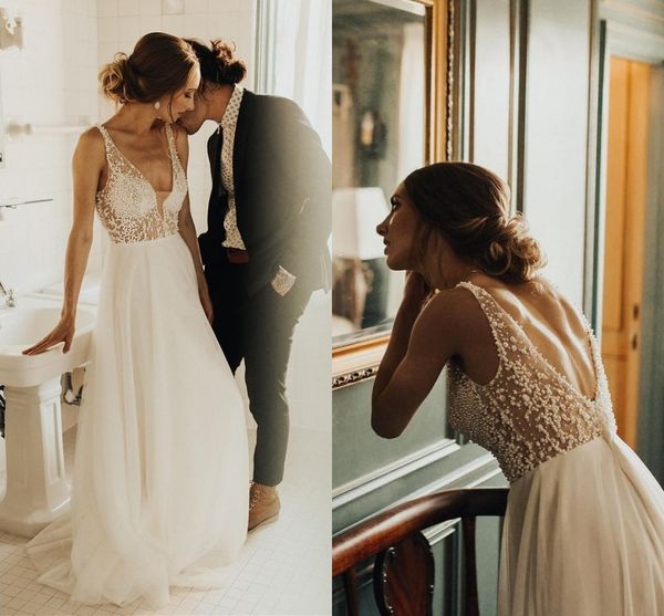 charming ivory beaded tulle wedding dresses v neck sheer straps floor length backless beach bridal dresses elegant bohemian wedding gowns, White
charming ivory beaded tulle wedding dresses v neck sheer straps floor length backless beach bridal dresses elegant bohemian wedding gowns, White