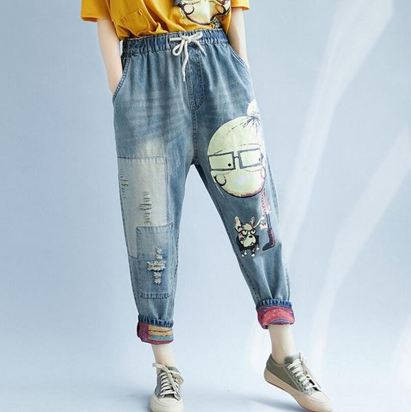 retro literary loose do old hole jeans big size glasses girl cartoon print denim pants harem pants female r312, Blue
retro literary loose do old hole jeans big size glasses girl cartoon print denim pants harem pants female r312, Blue