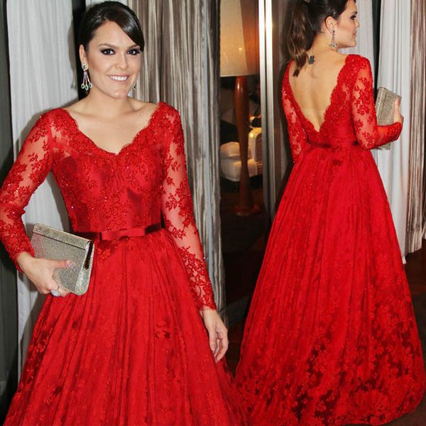 red long sleeve evening dress formal gowns 2018 lace v neck illusion backless a line ribbon with bows prom pageant dress, Black;red
red long sleeve evening dress formal gowns 2018 lace v neck illusion backless a line ribbon with bows prom pageant dress, Black;red