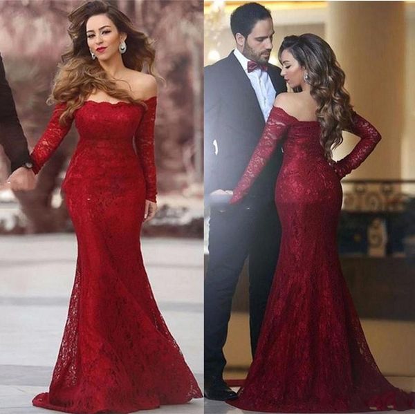 floor length scalloped edge off the shoulder red lace elegant mermaid trumpet evening prom dress with long sleeves, Black;red
floor length scalloped edge off the shoulder red lace elegant mermaid trumpet evening prom dress with long sleeves, Black;red